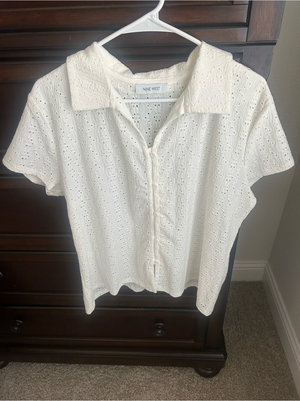 Nine West Cream Eyelet Button-Front Short Sleeve Blouse